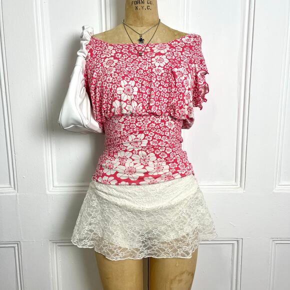 Floral pink/white semi off shoulder top with cowl top and cinched waist size XS - Picture 2 of 8